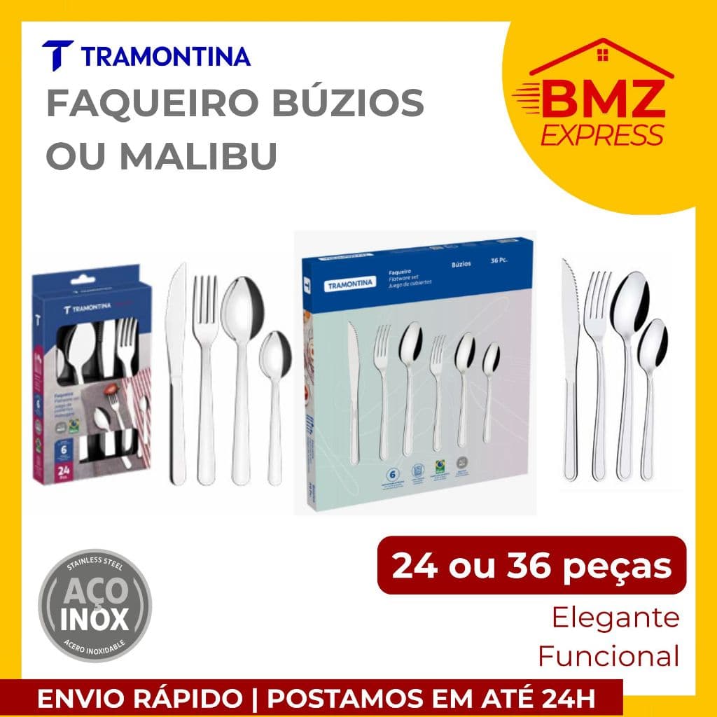 Tramontina Faqueiro Jogo de Talheres aço inox Búzios 24 e 36 peças ou Malibu - moderno e resistente