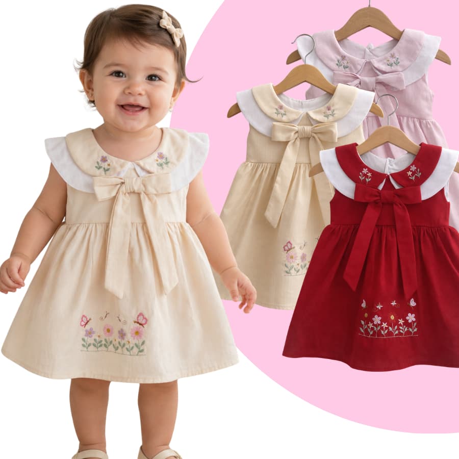 Vestido Infantil Feminino com Bordado em Gola Floral e Laço Vestido Para Bebes Blogueirinha