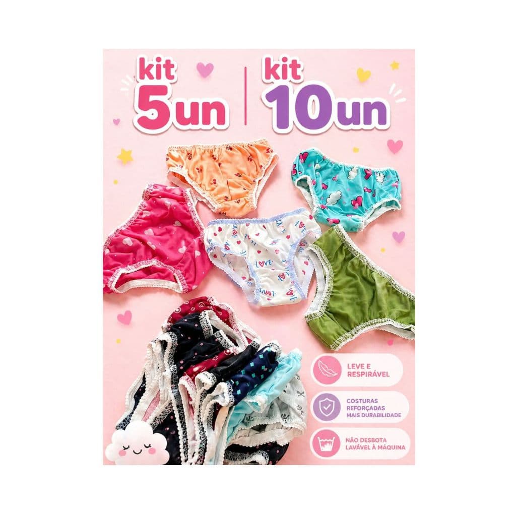 Kit 5 e 10 Calcinha Infantil Estampada De 1 a 5 Anos Conforto meninas feminina Criança