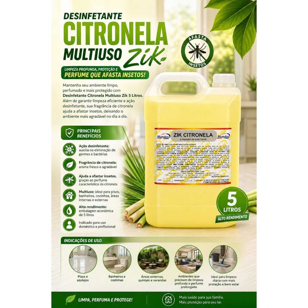 Limpador Desinfetante Citronela Multiuso Zik 5 Litros Repelente Natural de Insetos