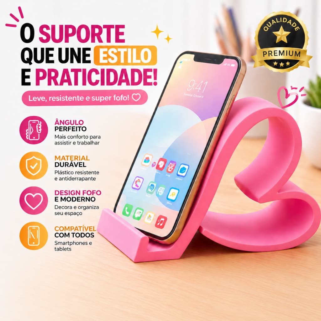 Suporte para Celular de Mesa Coração Porta Celular Decorativo para Smartphone Iphone