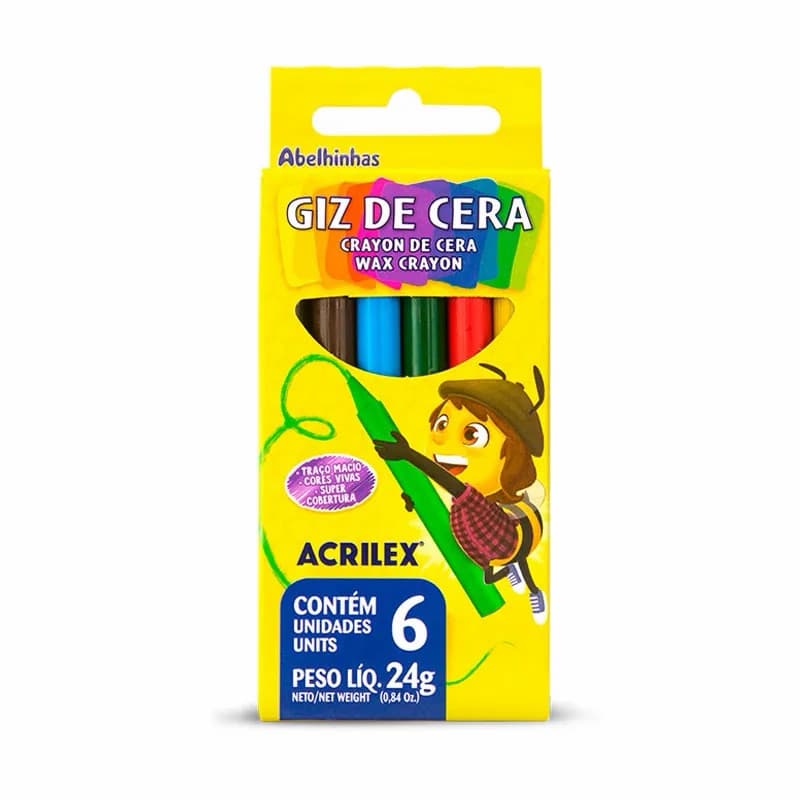 Giz de Cera 6 Cores Escolar Acrilex - Não Tóxica, Lavável.