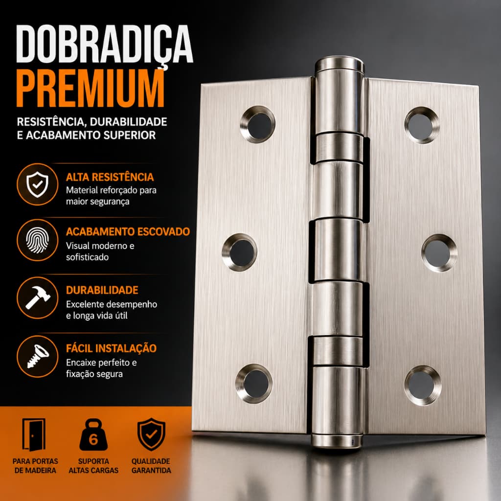 Kit 3 Dobradiça com Rolamento Silencioso 3x2.5 Preta Porta Madeira Metal Reforçado Alta Resistência