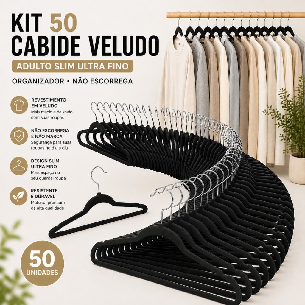 Kit 50 Cabide Veludo Adulto Slim Antideslizante Ultra Fino  Organizador Quarto Closet