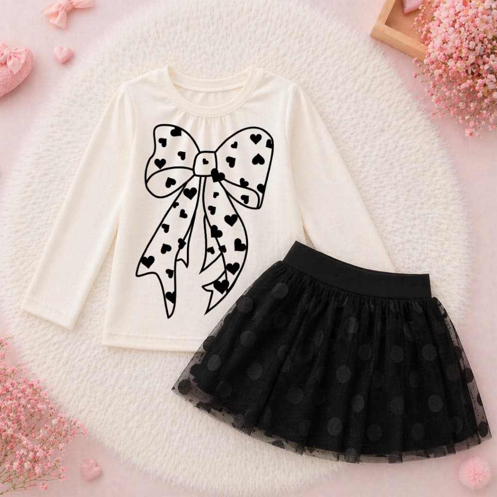 Conjunto Infantil Menina Laço corações Fofo Blusa Manga Longa Saia Tule Rosa Pink Preto Look Blogueirinha Moda Infantil