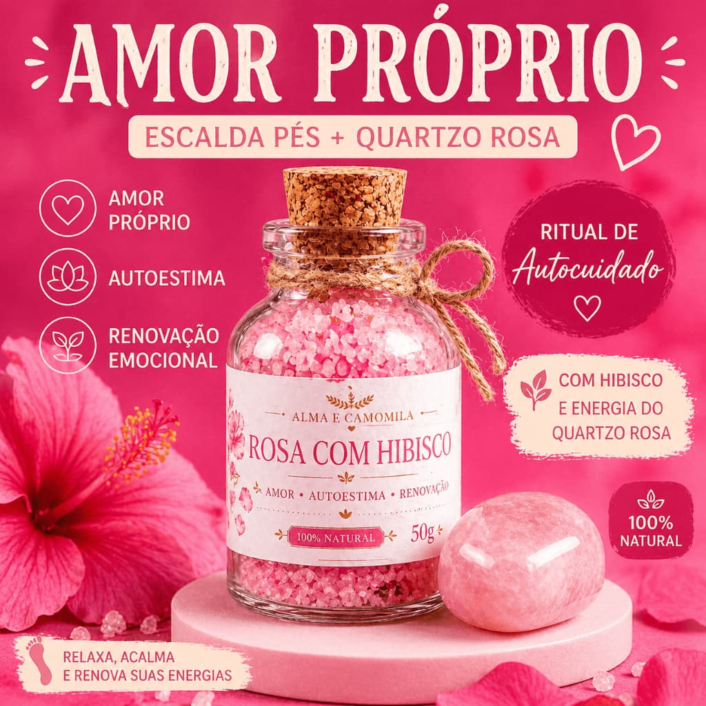 Escalda Pés Amor Próprio + Quartzo Rosa Banho Relaxante com Hibisco Autoestima Energia Feminina 50g