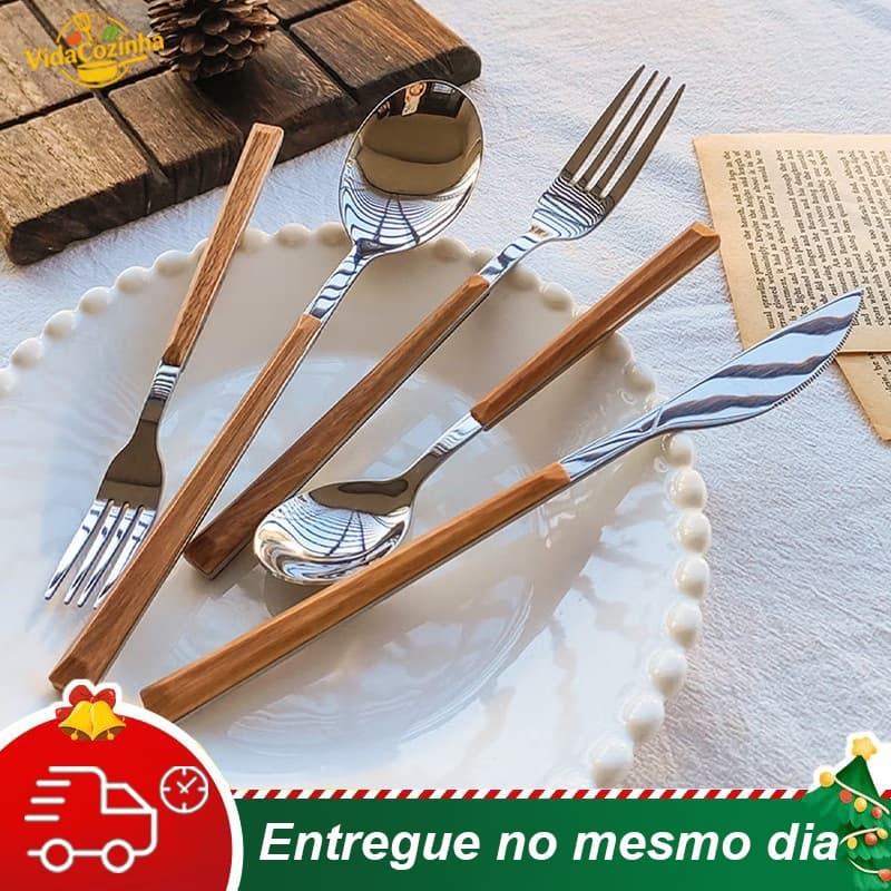 Jogo De Talheres Faqueiro Com Aço Inox,  Cabo Madeira Premium Elegância e Durabilidade para Sua Mesa