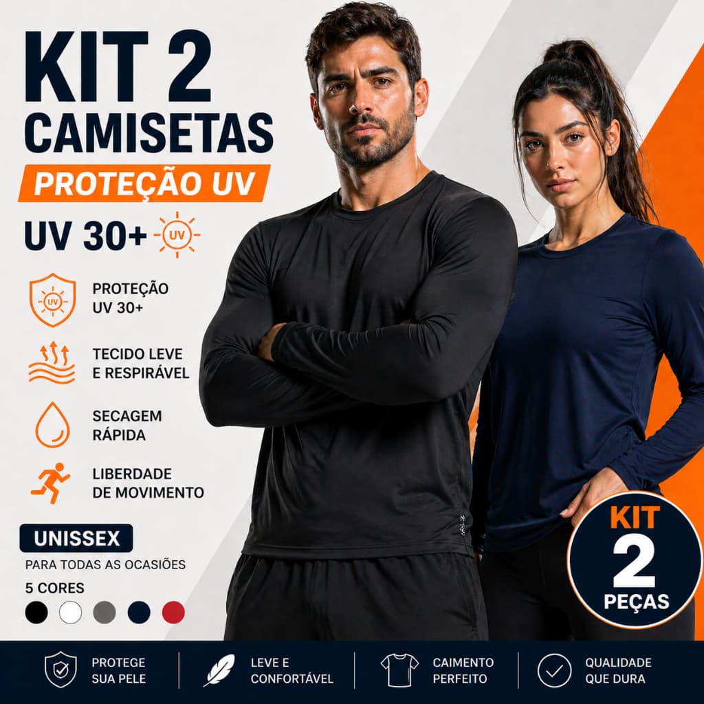 Kit 2 Camisetas UV Unissex FPS30+ Anti Suor Secagem Rápida Ideal Praia Academia Modella