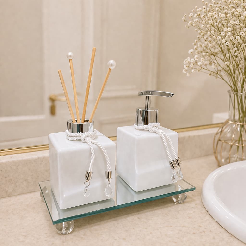 Kit Lavabo PRATA LUXO Branco Cubo Válvula Sabonete Elegance - Difusor e Porta Sabonete Líquido