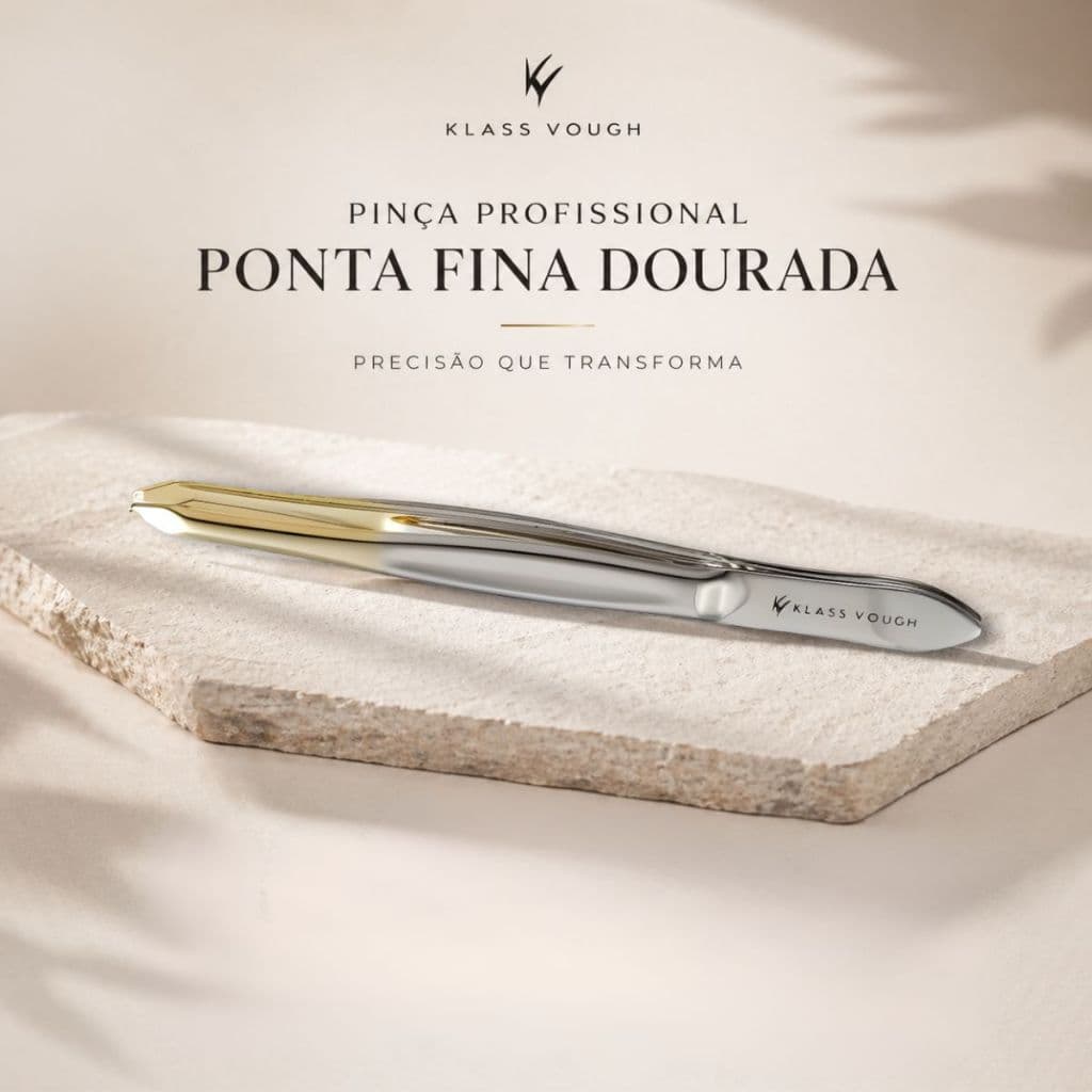 Pinça Profissional Ponta Fina Dourada Klass Vough para Sobrancelha Alta Precisão Esterilizável