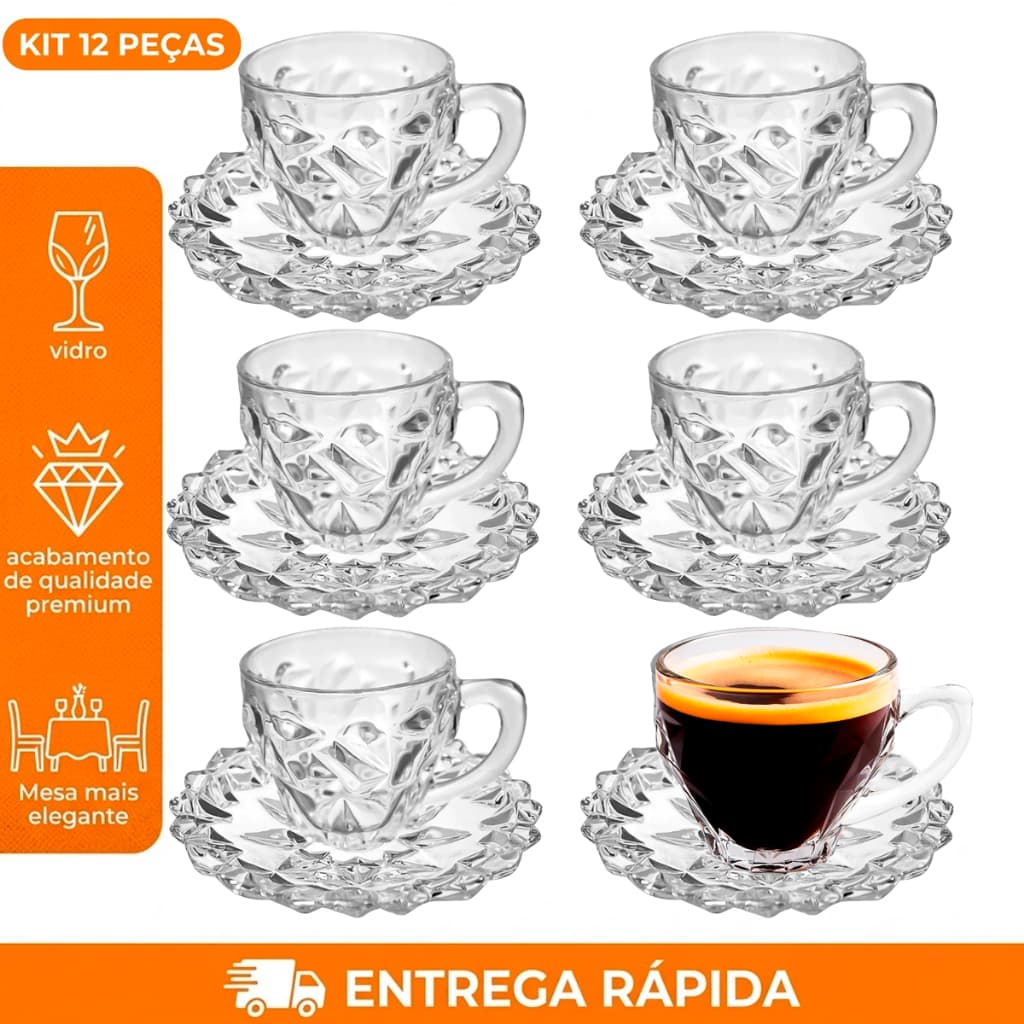 Kit Jogo Conjunto de Xicaras 185ml Com Pires 12 Peças Sendo 06 Xicaras e 06 Pires Diamond Rocks