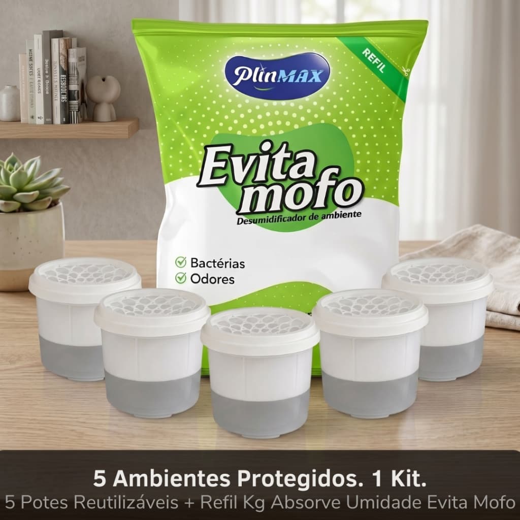 Kit Anti Mofo Refil 1Kg + 5 Potes Reutilizáveis - Guarda-roupas Gavetas sem umidade Cloreto Cálcio