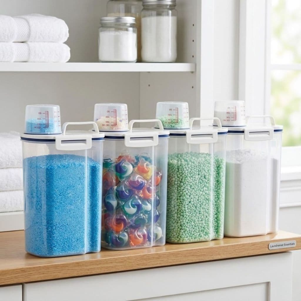 Kit 4 Potes de Lavanderia 2L Dispenser Organizador com Tampa Medidora Lavanderia Sabao em Po Liquido Graos