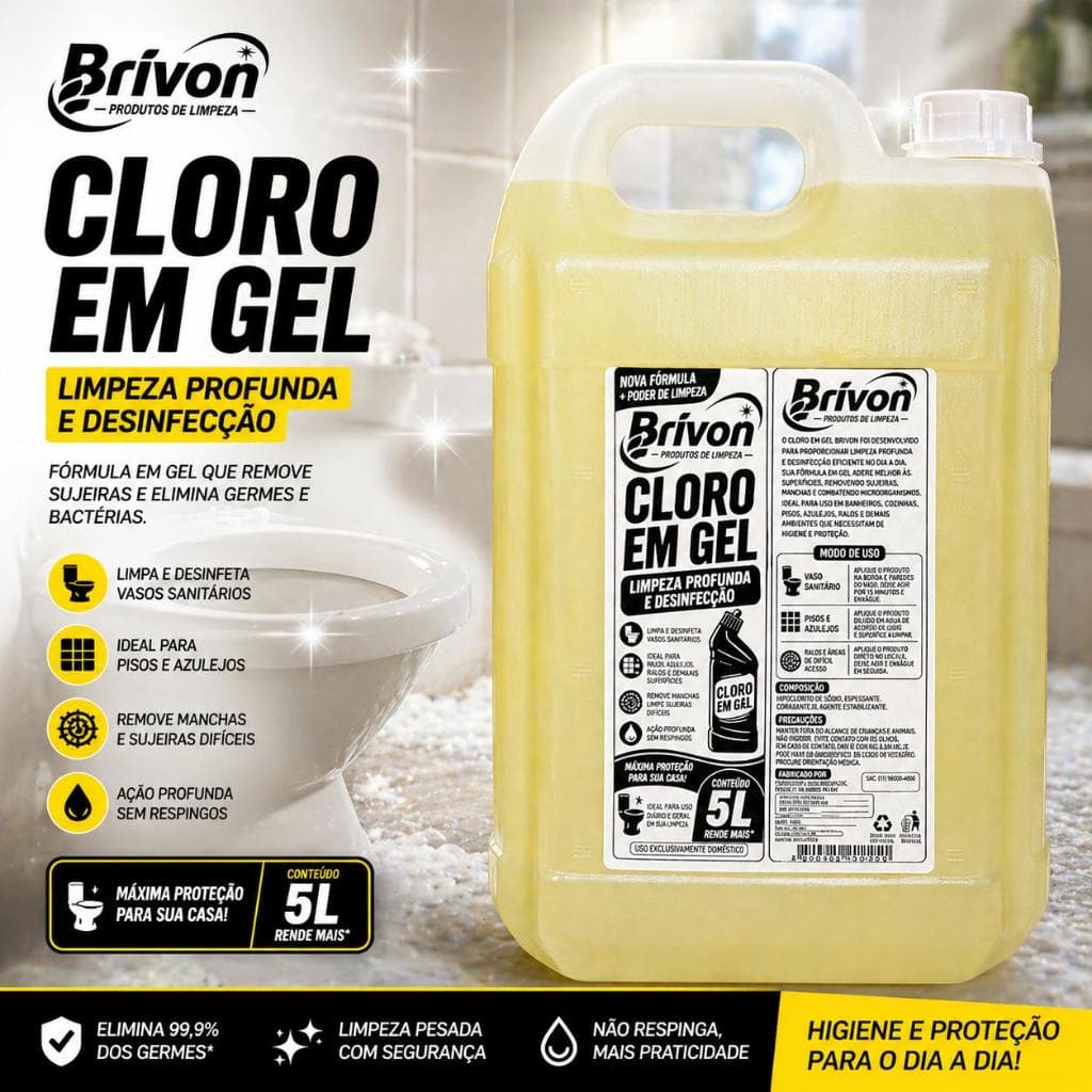 Cloro em Gel 5L Brivon – Limpeza Pesada, Desinfetante e Alto Rendimento