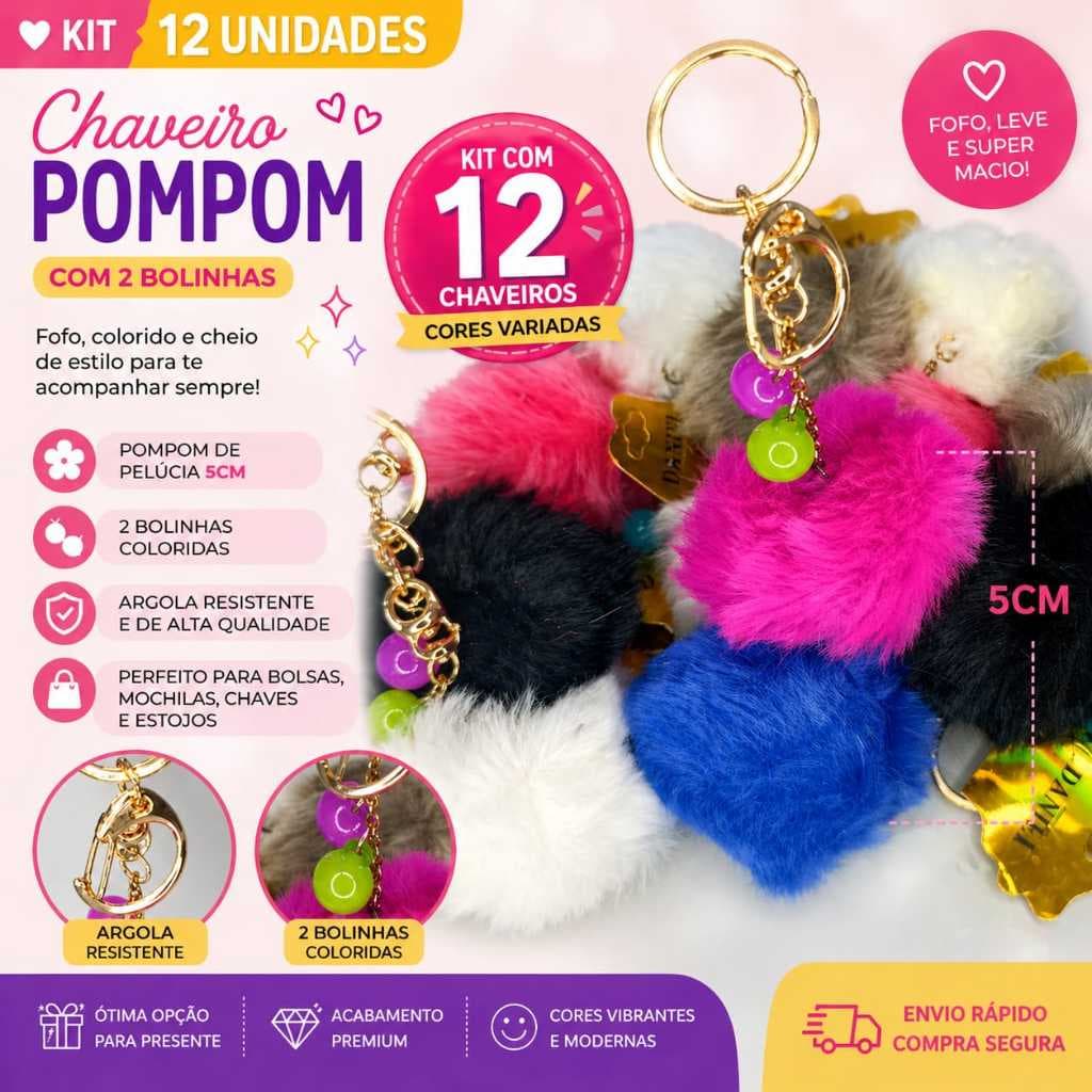 kit com 12 chaveiros pompom 5 cm  com pingentes coloridos  para bolsa presente lembrancinhas brindes barato festa.