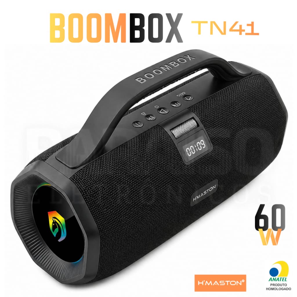 Caixa de Som BOOMBOX 60W Bluetooth Premium Potente TWS Prova d'Água IPX6 Subwoofer TN41 H'Maston