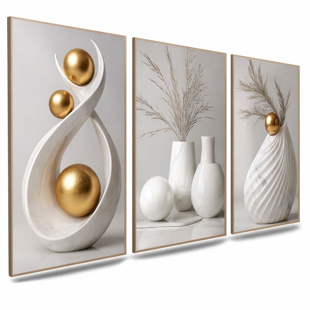 Quadros Decorativos Vasos Dourados e Brancos Modernos Trio Sala Quarto