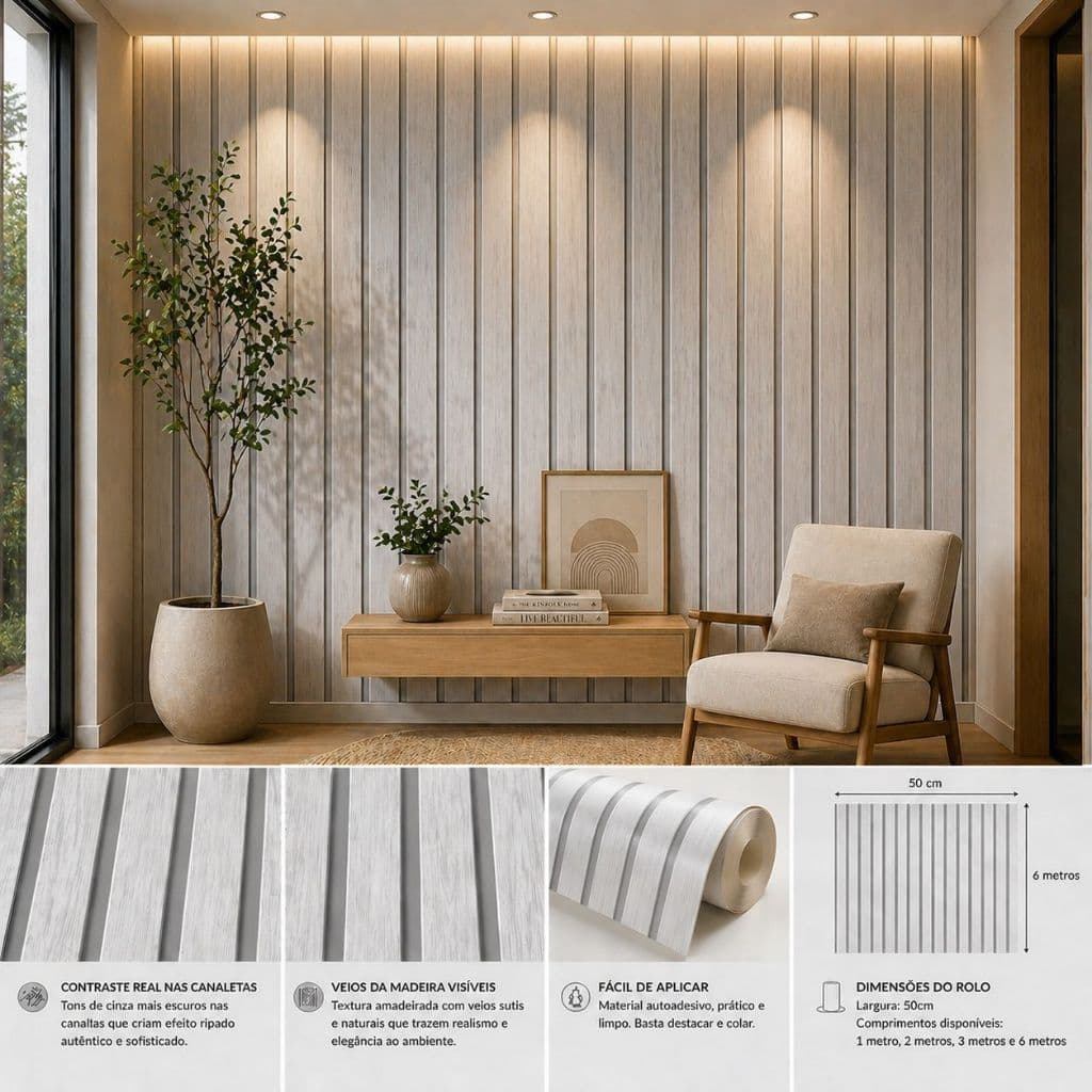 Papel de Parede Adesivo Ripado 11 Com listras Cinza  50CM de Larg. Várias Cores Lavável Autocolante