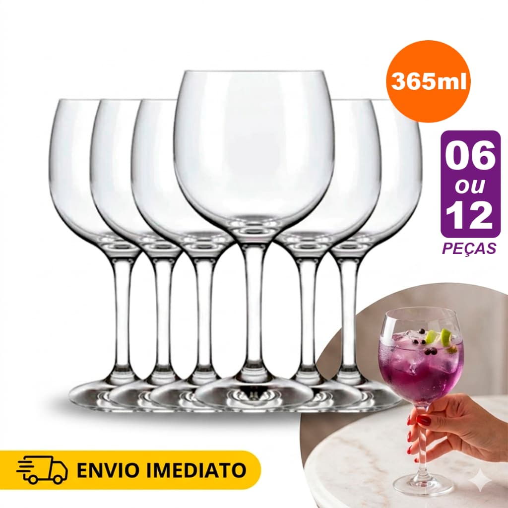 Kit Jogo 06 Taças Gin Royal Gran Vinho Vidro Temperado 365ml Design Elegante Multiuso Buffet Bar