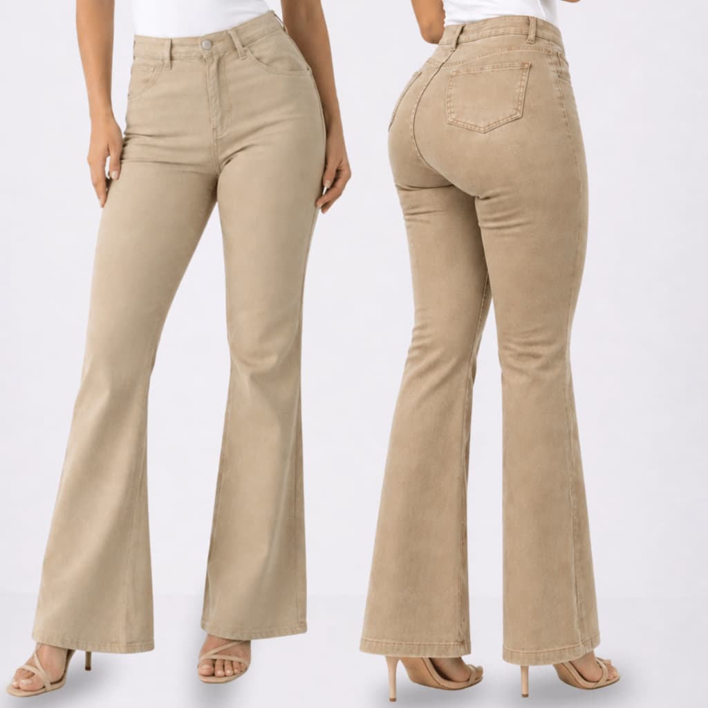 Calça Feminina Flare Pantalona Bege Brim Sarja Premium Empina Bumbum Boca de Sino Cos Alto Com Elastano