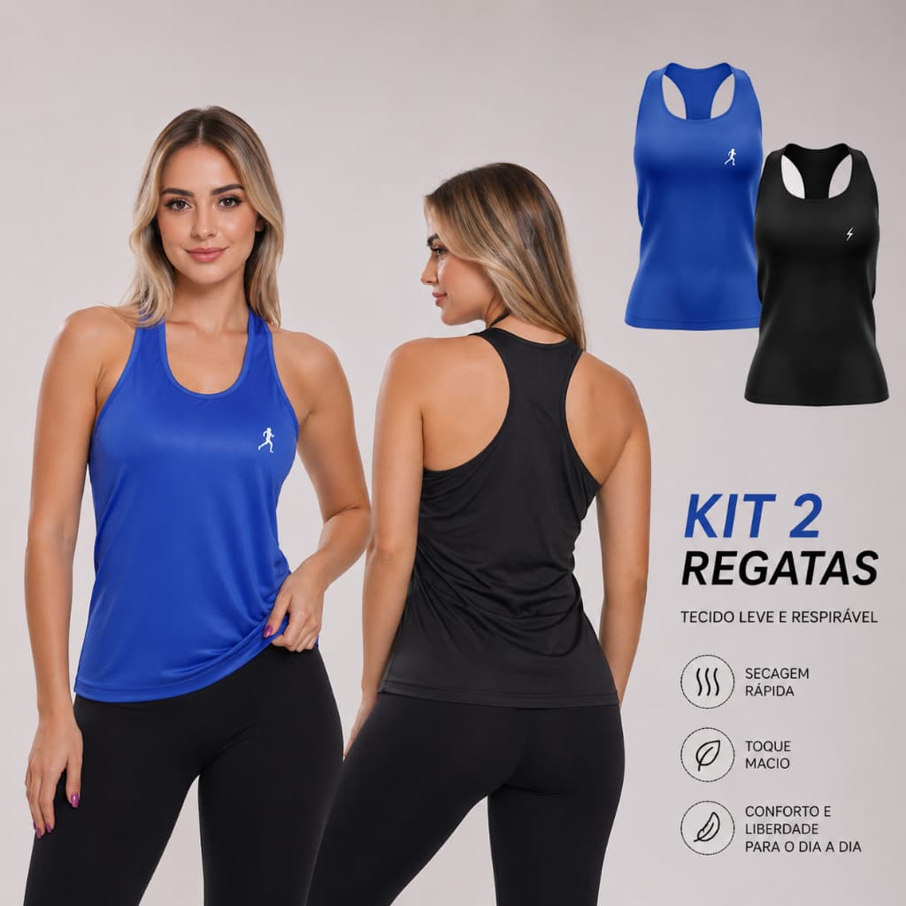 Kit 2 Regatas Nadador Dryfit Lisa Para Treino Academia Corrida Caminhada Estampada Raio Preto E Mulher Correndo