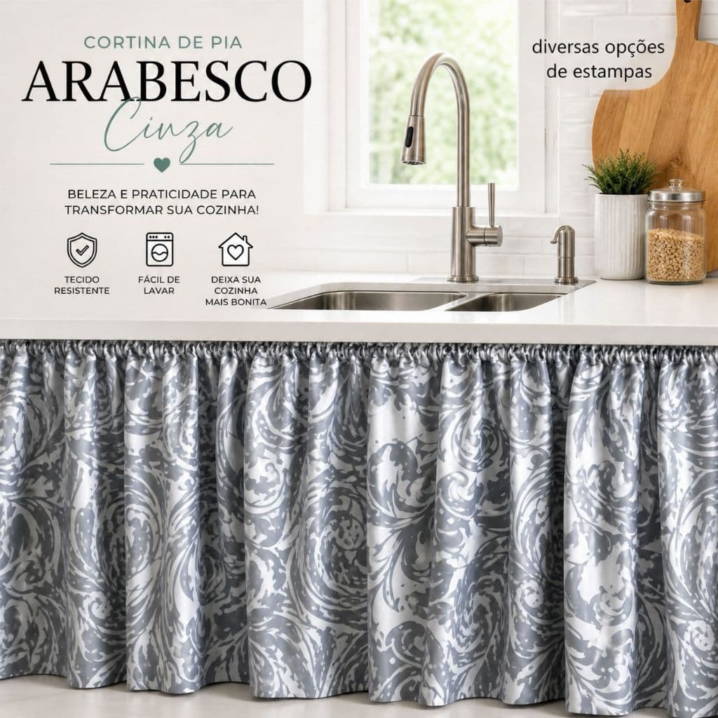 Cortina para Pia Cozinha Estampada | Armário Bancada Gabinete Decoração Boho Vintage 135x70cm