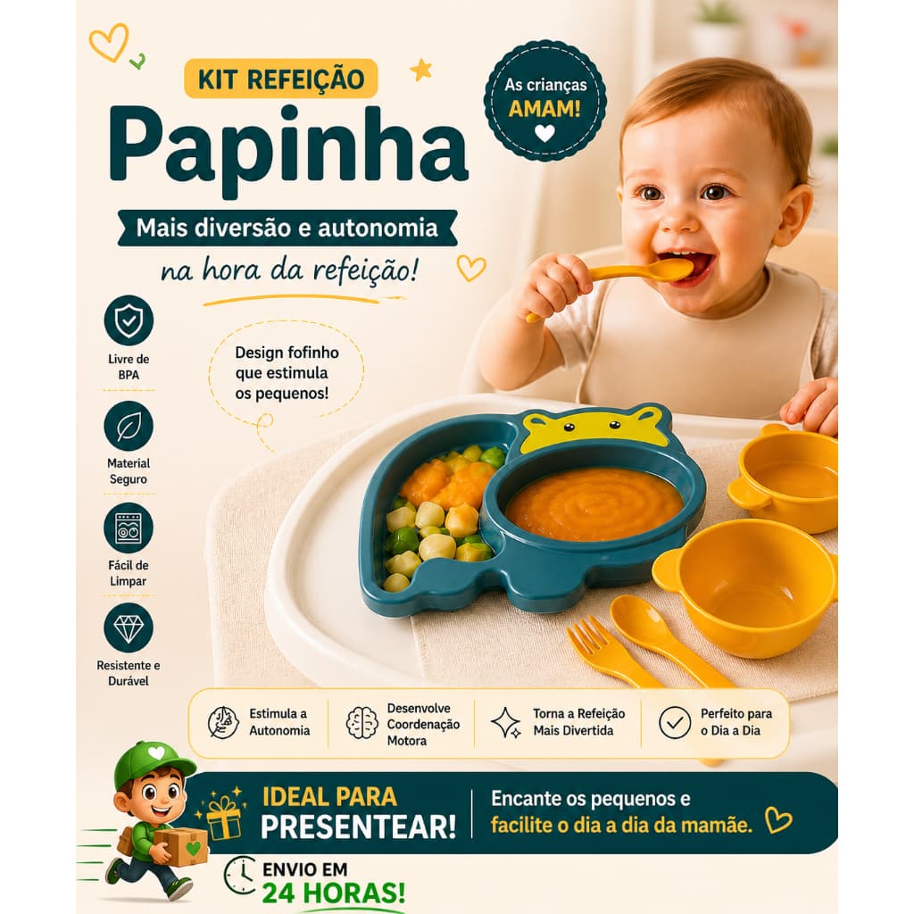 Kit refeição Papinha  Hipopótamo Feliz- Cores Sortidas- 4 Peças- Livre de BPA-AS CRIANÇAS AMAM :)