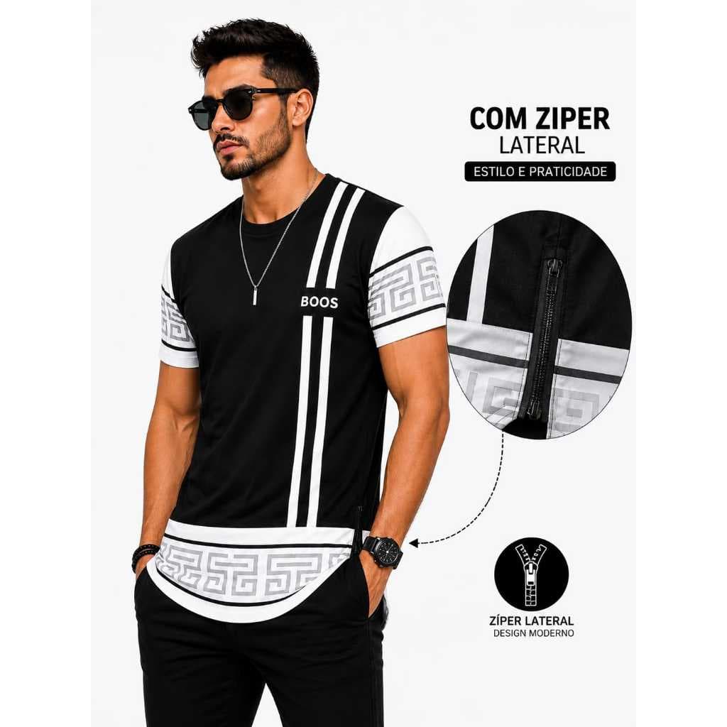 Camiseta Masculina Manga Curta LongLine Estilosa em Algodão Premium Com Zíper Lateral