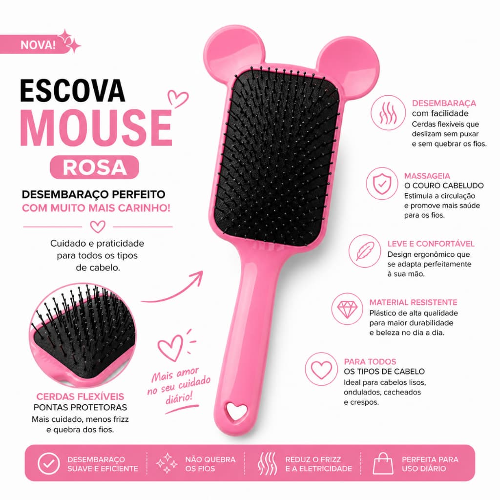 Escova de Cabelo Raquete Orelhinha Flex - CORES SORTIDAS: Desembaraça com Suavidade e Estimula o Crescimento