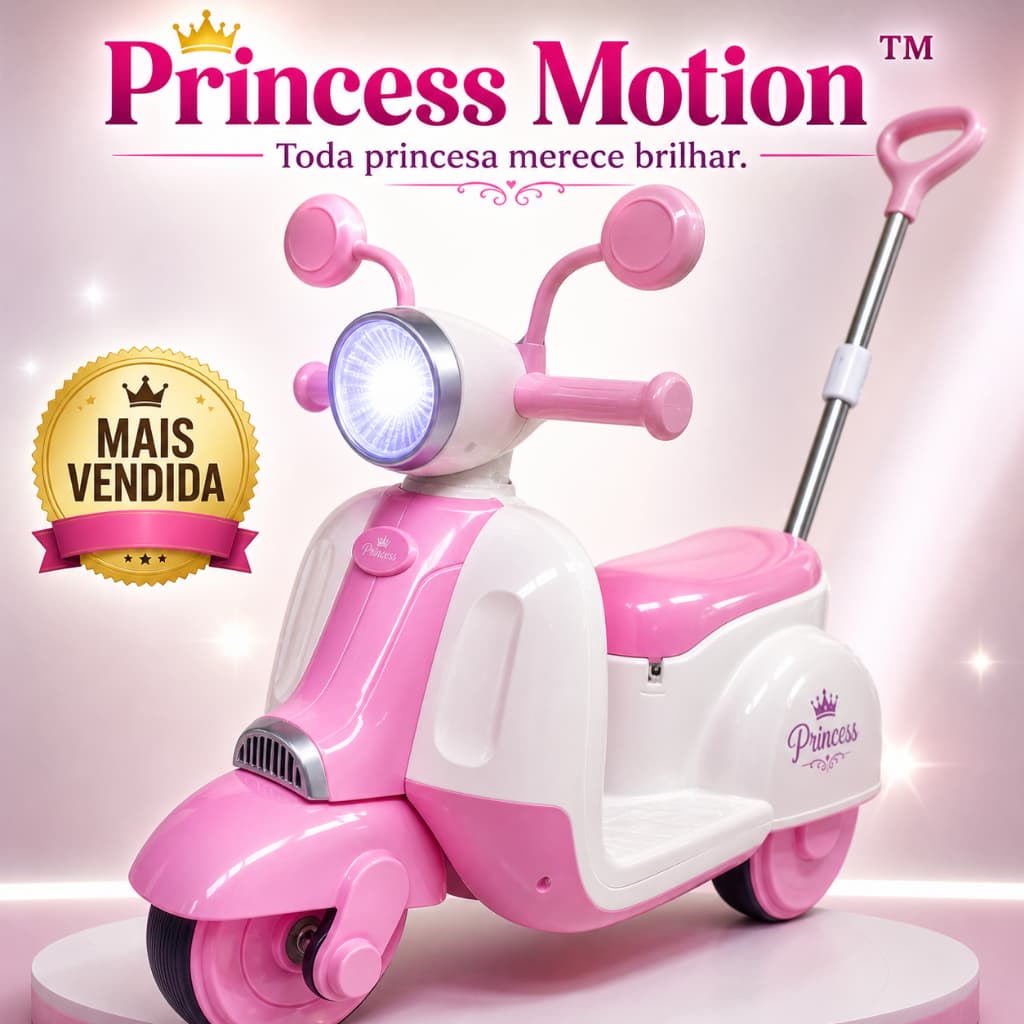 Moto Elétrica Infantil Rosa Princess Motion com Empurrador Controle Parental Segura Resistente Passeio Crianças