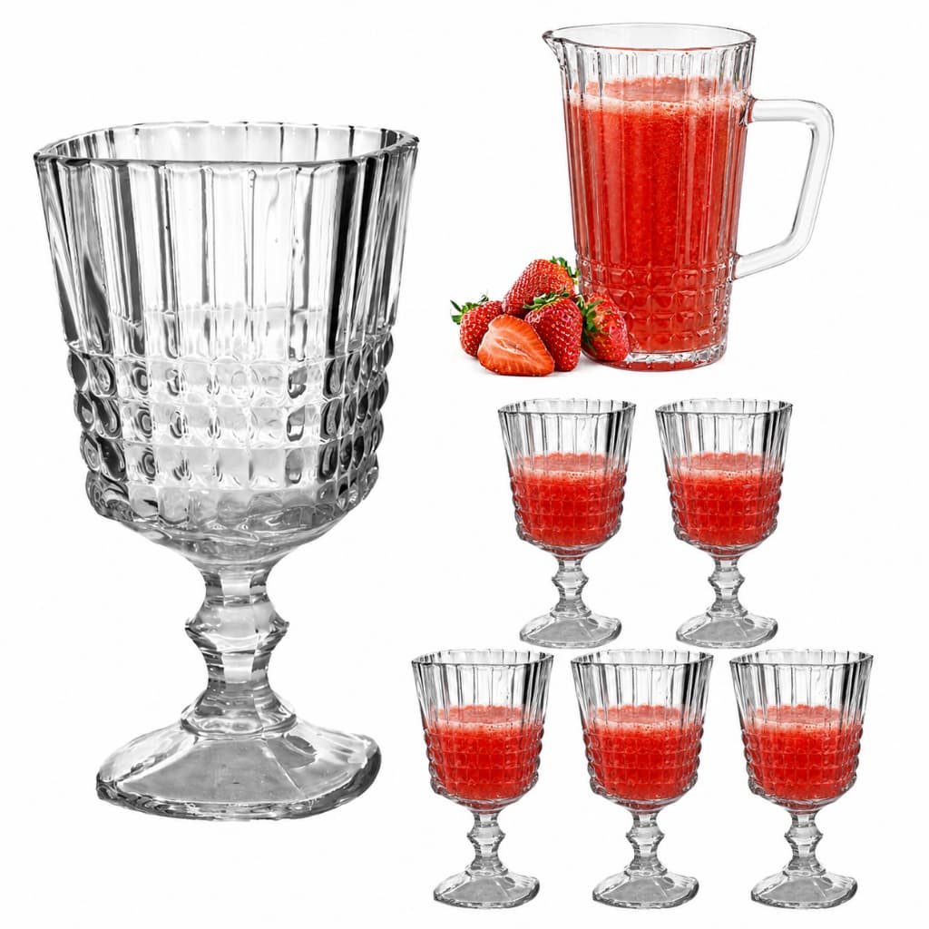 Jarra Vidro Brescia 1450ml + Jogo Taças Vidro 6 Peças 360ml Água Vinho Elegante Mesa Posta Luxo