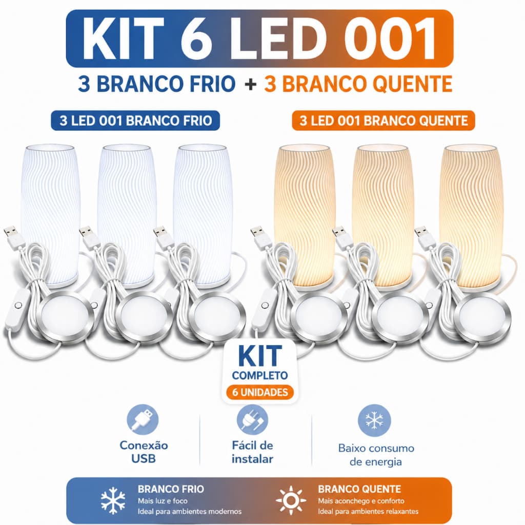 Kit 6x LED 001 Branco Frio + Quente USB 5V Bambu Lab Iluminação Versátil Projeto DIY