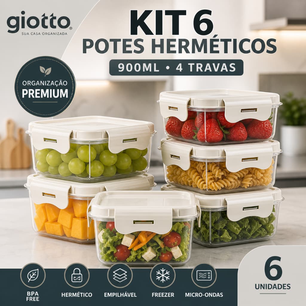 Kit 6 Potes Quadrado Com 4 Travas 900ML Off White armazenamento de alimentos Artigos Cozinha Giotto
