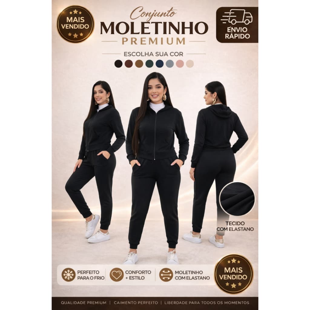 Conjunto casual de moda feminina ziper e capuz em moletinho con elastano super confortavel estilo academia ou passeio