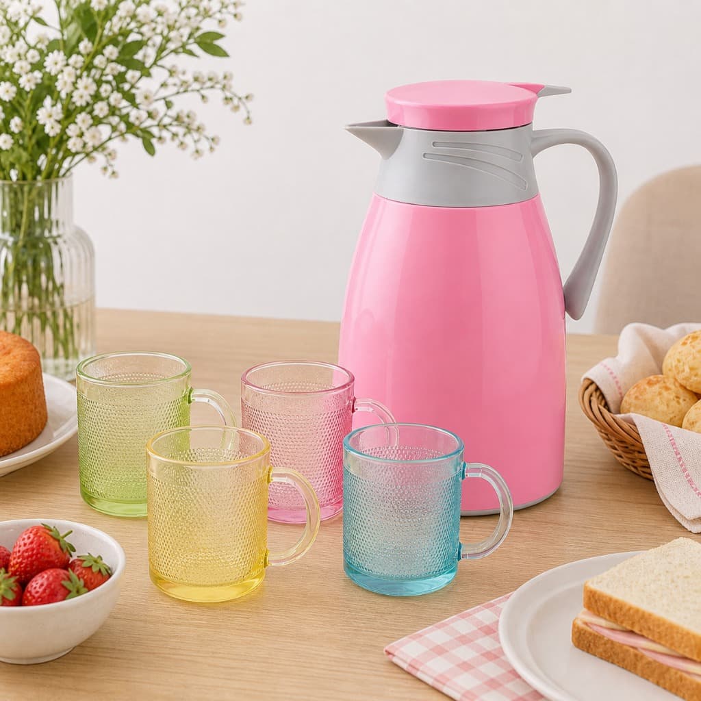 Conjunto Térmico Garrafa Compacta 190ml Quatro Canecas Vidro Rosa Suporte Elegante Café Chá