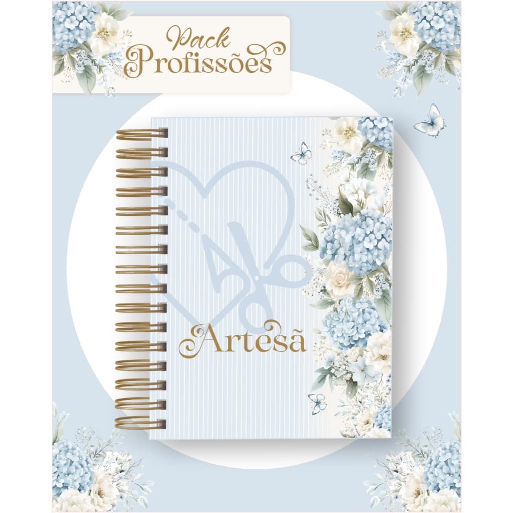 Caderno Profissões Feminino Floral Azul Personalizado | 80 Folhas 90g | Capa Fosca | 50 Modelos