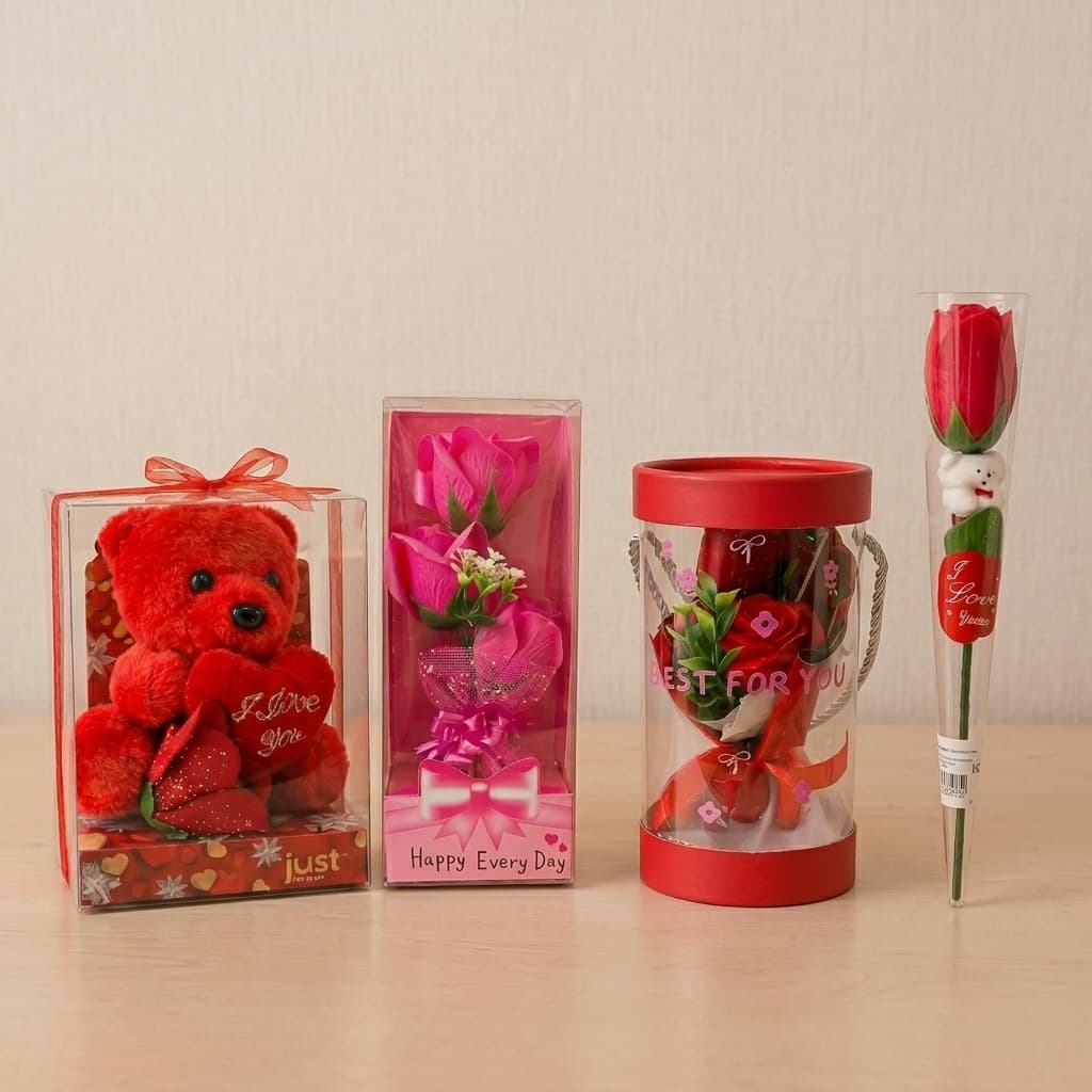 Rosa Artificial Ursinho Buquê LED Coração Kit Presente Decorativo Embalagem Romântica Dia dos Namorados