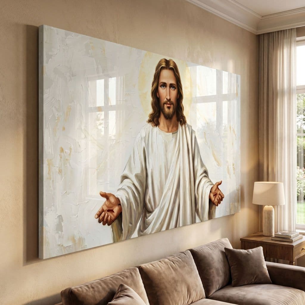 Quadro Decorativo 80x110cm Jesus Cristo Braços Pintura Decoração de Parede Hall Luxo Sala Quarto MDF