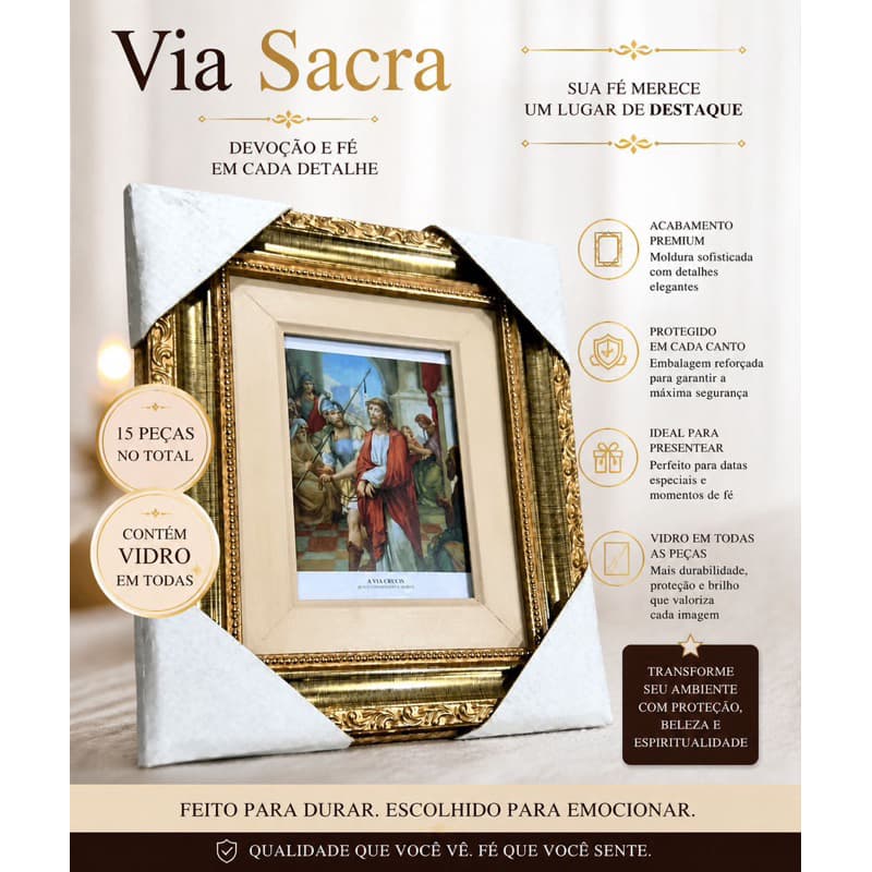 Via Sacra com as 15 estações- Completo - com vidro - 23x27 cm - moldura dourada