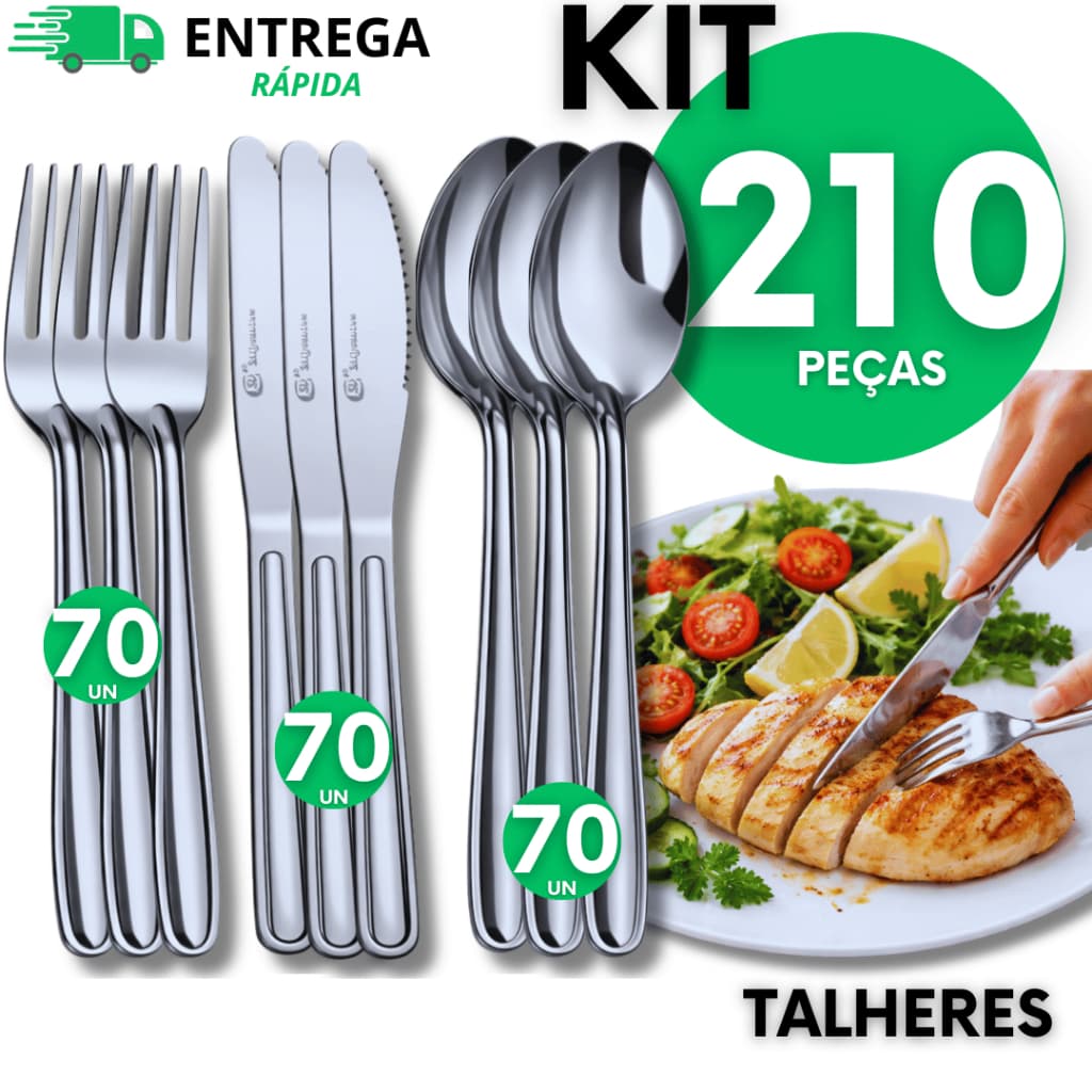 Jogo Talhares 210 Peças Inox 70 Facas c/ Serra 70 Garfos 70 Colheres de Sopa Mesa Jogo de Talheres
