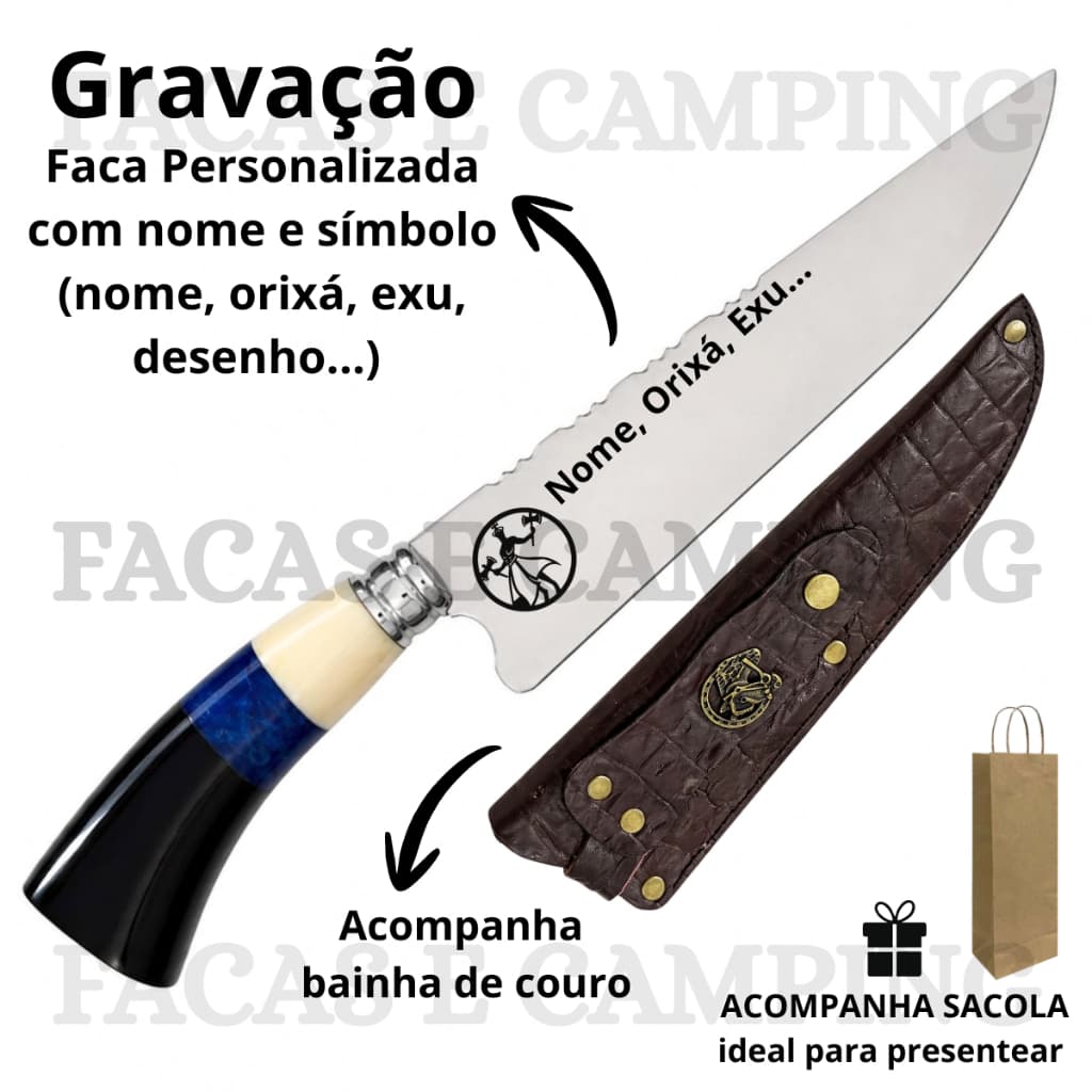 Faca 9" Inox Personalizada em Resina Azul com Nome Exu Figura Tridente