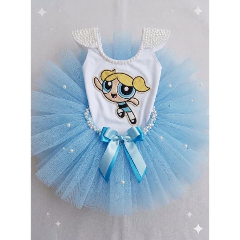Conjunto Tutu Luxo Meninas Super Poderosas Lindinha - Body Pérolas + Saia Tule com Fita de Cetim - Roupa Aniversário
