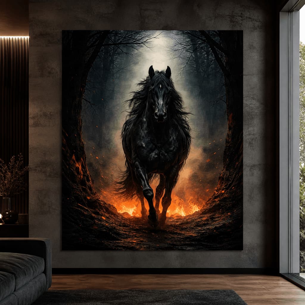 Quadro Cavalo Negro em Chamas MDF Decorativo Sala Quarto Moderno Arte Impactante