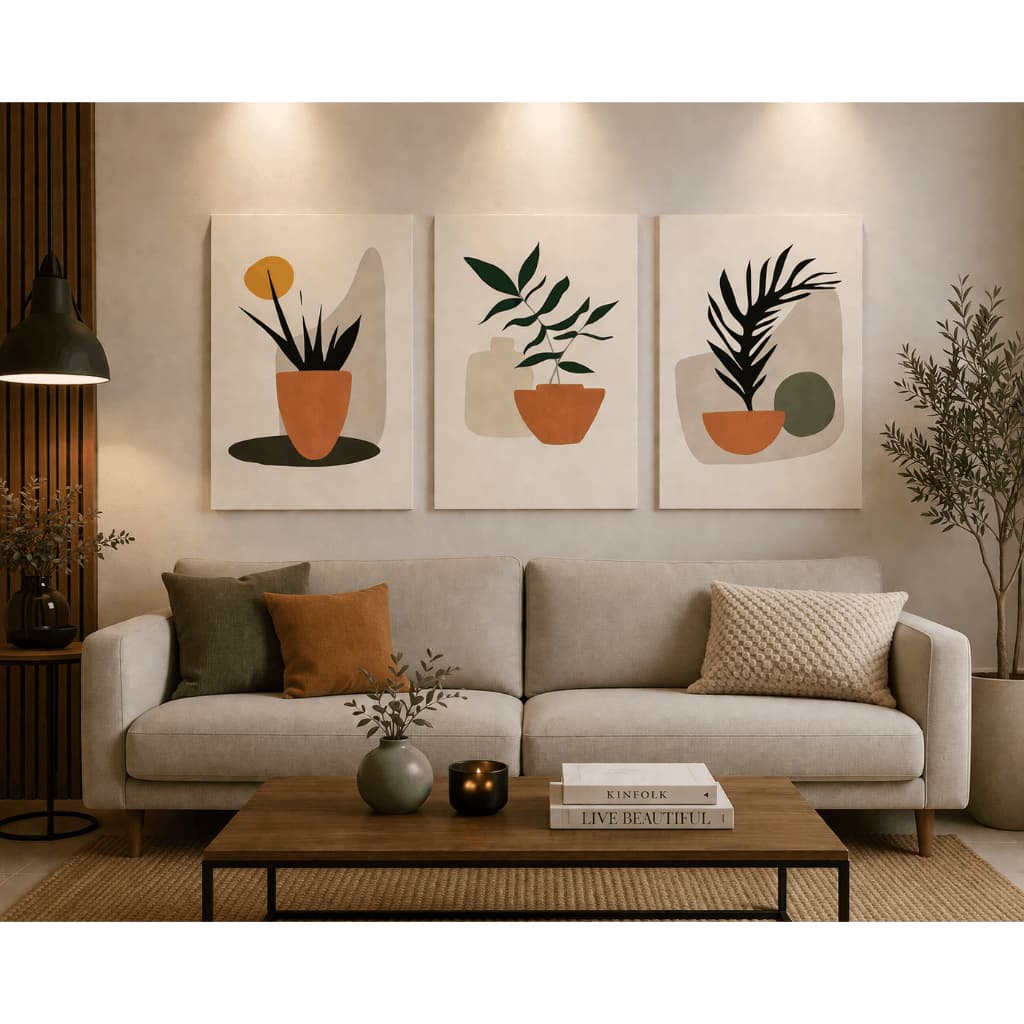 Kit 3 Quadros Plantas Minimalista Decorativo MDF Sem Moldura Sala Quarto Estilo Escandinavo
