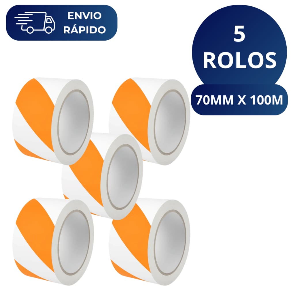Kit 5 Fita Zebrada Laranja e Branca 70mm X 100 Metros Para Isolamento Sinalização Interdição Obras