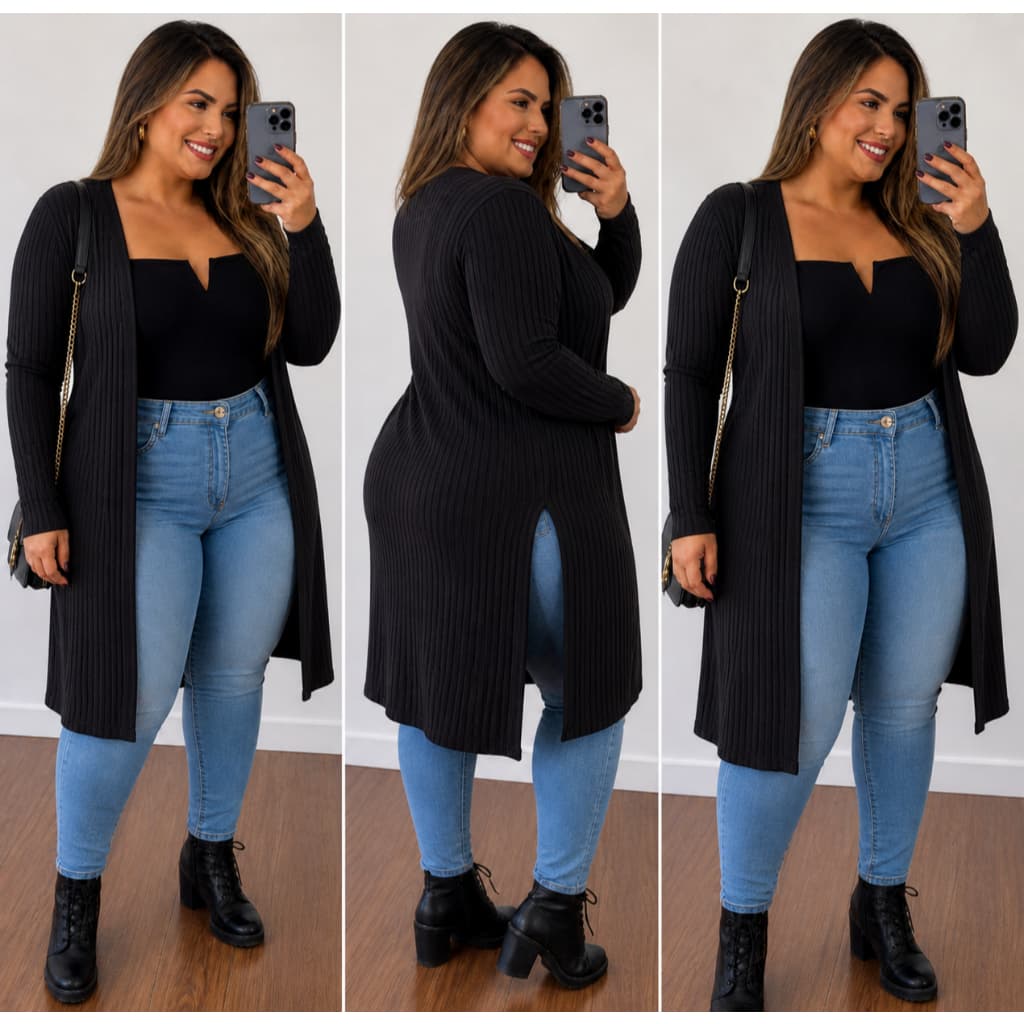 Cardigan Canelado Plus Size GG ao G3 Kimono Longo Sobretudo Moda Fashion Frio Feminino Manga Longa