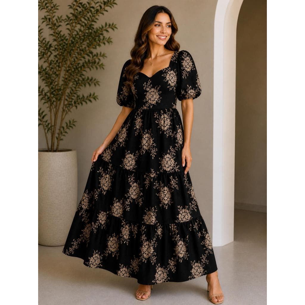 Vestido BORDADO feminino midi 3 marias manga curta lastex nas costas moda evangelico festas casual