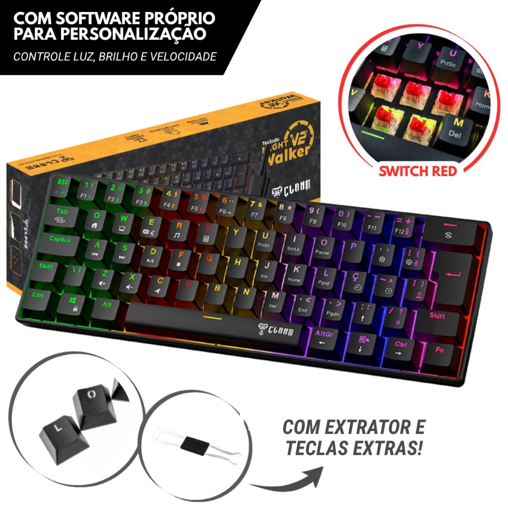 Teclado Gamer Mecânico 60% Switch Red Vermelho Luz Led ABNT2 Com Fio e Software Para Personalização