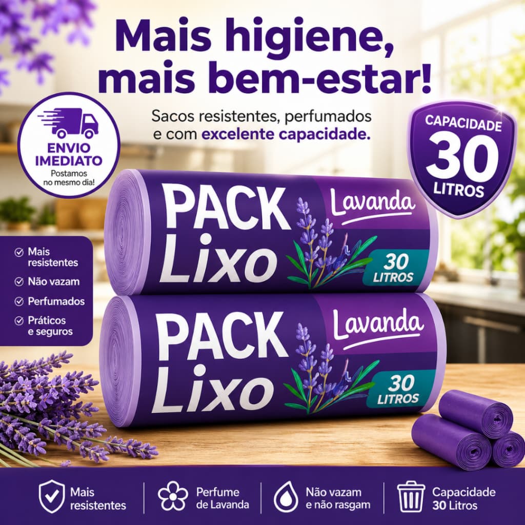 Saco de Lixo Cheiroso 30L Lavanda Neutraliza Odores 1/2 Perfumado Resistente Cozinha Anti- Inseto