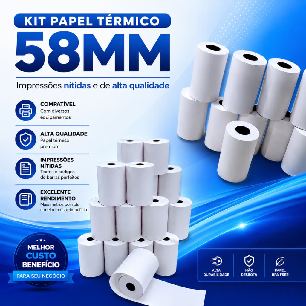 Papel témico para Impressoras 57/58mm e máquininha de cartão - Bobina Rende mais